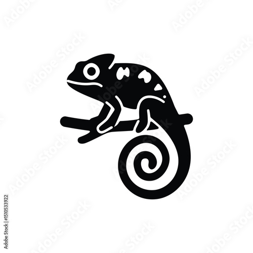 Chameleon, solid black, sits peacefully on the branch with a curly tail, transparent background