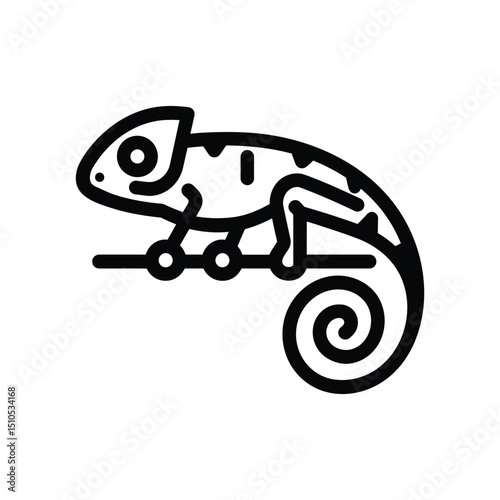 Linear chameleon clings to the branch with a curled tail, presented on white