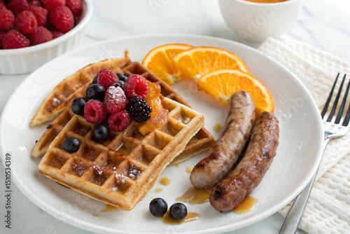 Waffles with berries, oranges, and breakfast sausage arranged on a white ceramic plate