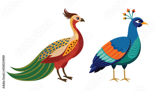 Stylized Illustration of Two Colorful Birds A Peacock and Another Exotic Bird