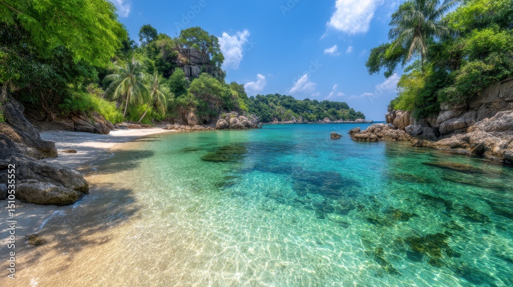 Fototapeta premium Tropical beach paradise with turquoise waters and lush vegetation
