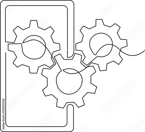 continuous one single line drawing of Smartphone and gears, Adjusting app options, maintenance, repair, fixing monitor, Vector Illustration.