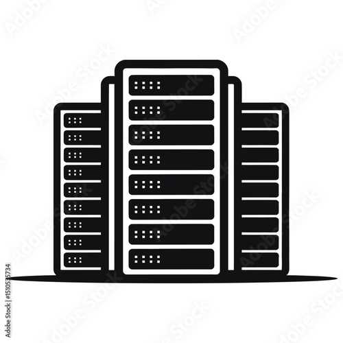 A simple, black and white graphic illustration of three server racks.