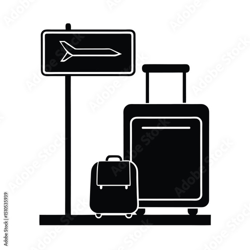 Suitcase and backpack beside airport sign vector silhouette