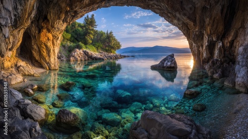 Sunrise through a cave overlooking a tranquil cove