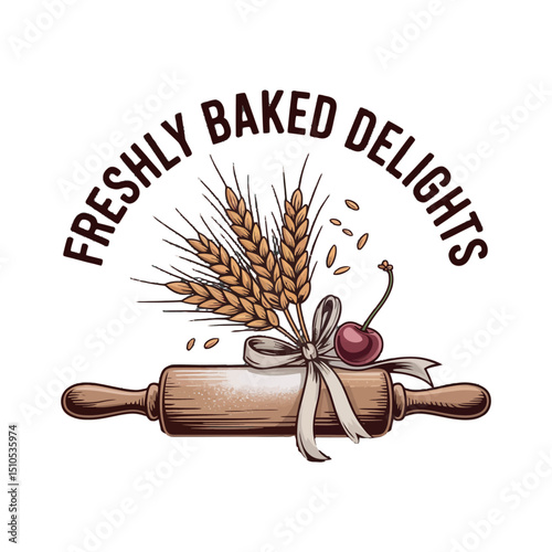 Freshly baked delights bakery wheat rolling pin logo  