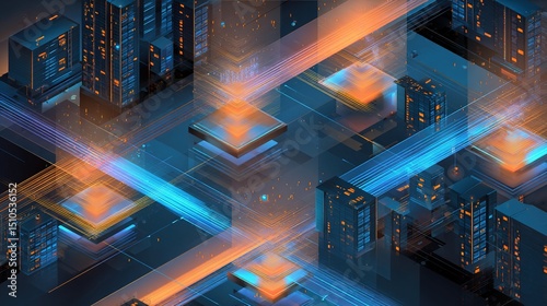 Isometric view of futuristic data center with glowing holographic projection and blue and orange light beams, concept of advanced technology infrastructure, digital innovation cyber security,
