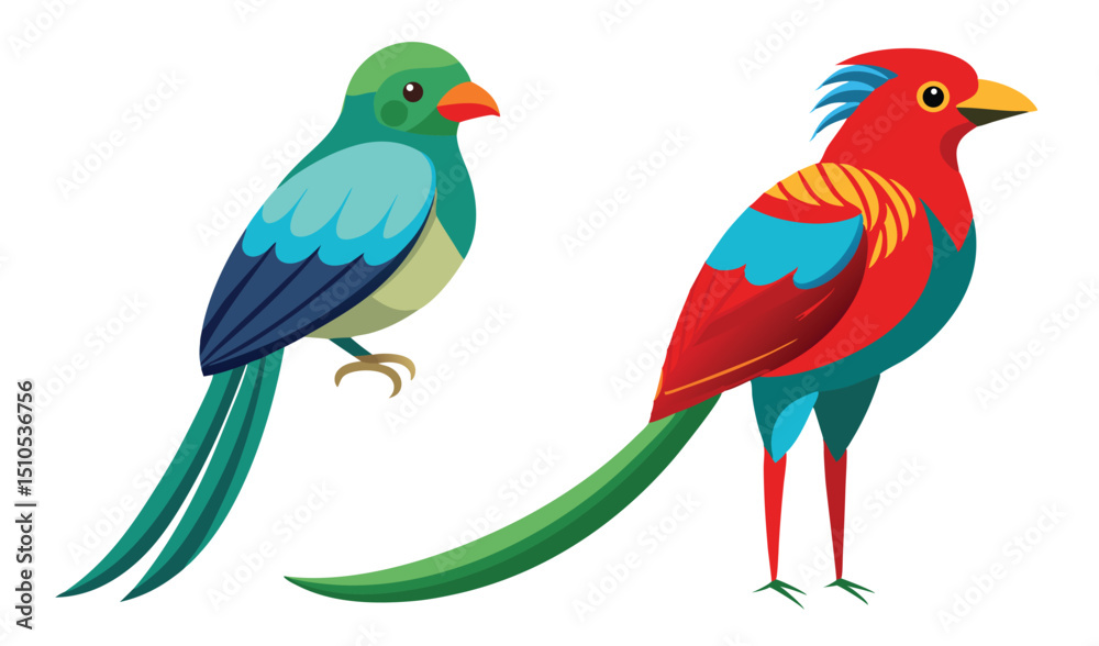 Fototapeta premium Two Stylized Birds Green and Blue Parrot and Red Quetzal Illustration
