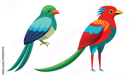 Two Stylized Birds Green and Blue Parrot and Red Quetzal Illustration