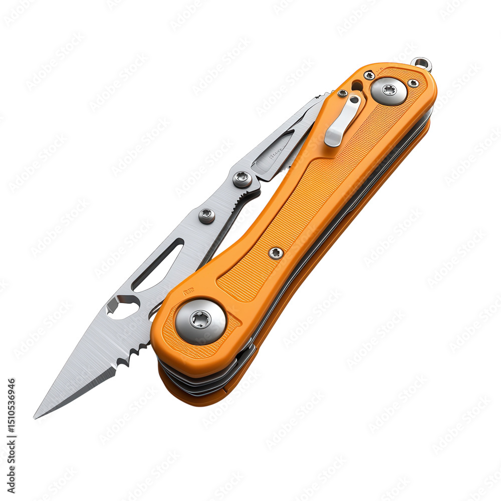 Fototapeta premium An open pocket knife for outdoor adventures boasting an orange handle and on transparent background
