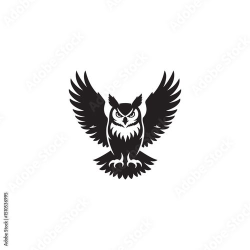 **"Majestic Great Horned Owl Vector Silhouette: Powerful Nocturnal Bird Design Featuring Prominent Ear Tufts, Intense Eyes, and Perched Stance in Clean, Minimalist Style for Crafts and Digital Art"**
