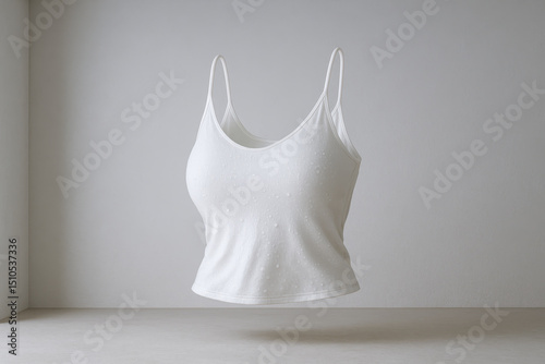 Floating wet white camisole with water drops, summer fashion mockup, women clothing, isolated apparel for branding, online shop, advertising, freshness, body care photo