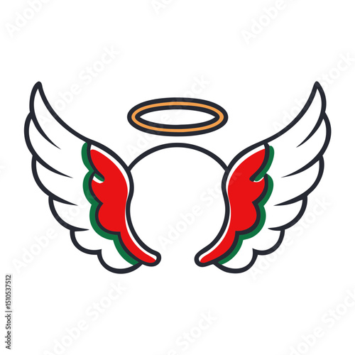 Festive illustration of angel wings and halo in red, green, and white, symbolizing purity, peace, and Christmas themes.
