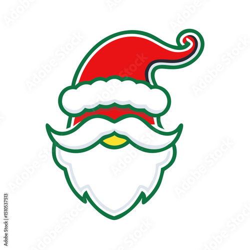 Simplified Santa Claus face illustration with a red hat, white beard, and mustache, perfect for Christmas and holiday graphics.
