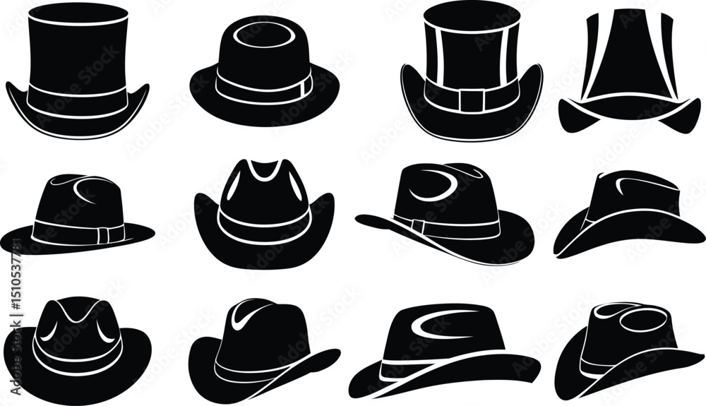 Twelve different hat silhouettes collection illustration Twelve different hat silhouettes collection illustration