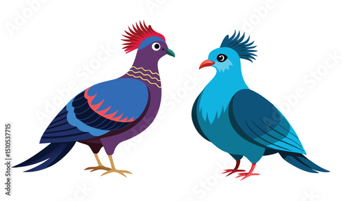 Two Colorful Crested Pigeon Birds with Unique Plumage Design, Standing Side by Side