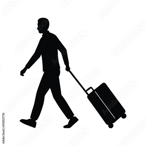 Traveler dragging suitcase through airport vector silhouette