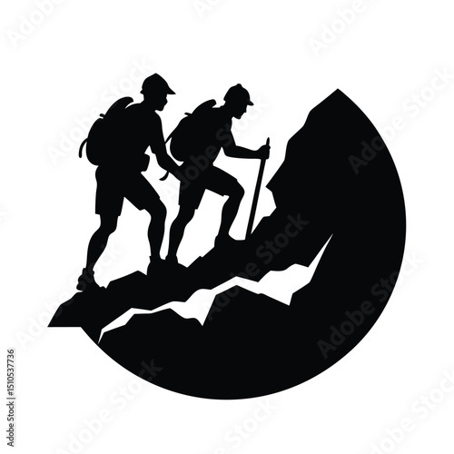 Two hikers climbing rocky hilltop vector silhouette