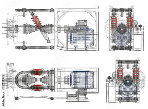A drawing of a machine with a red spring. The springs are shown in different positions. The drawing is in black and white