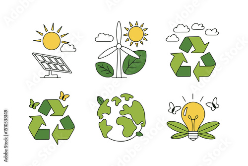 Isolated icons showing renewable energy, the planet, recycling, and a light bulb on transparent background