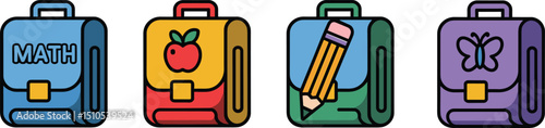 Colorful school backpacks set with math, apple, pencil, and butterfly icons, isolated on white background for education flat vector illustration