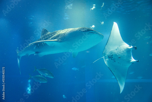 Stunning underwater view of marine animals inside the Osaka Kaiyukan Aquarium, one of the world largest aquariums. The exhibit features species like the whale shark.
