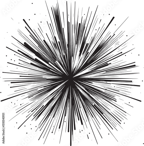  Dynamic abstract design featuring sharp, radiating black lines on a white background. This starburst-style art conveys energy, movement, and impact, perfect for designs, comics