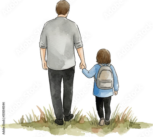 Watercolor Father and Child Walking Hand in Hand. Happy Father’s Day Concept Illustration