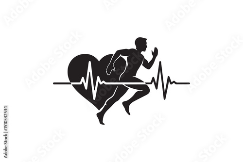 Running Heartbeat Silhouette with Man and Heart Icon - Man Running with EKG Line