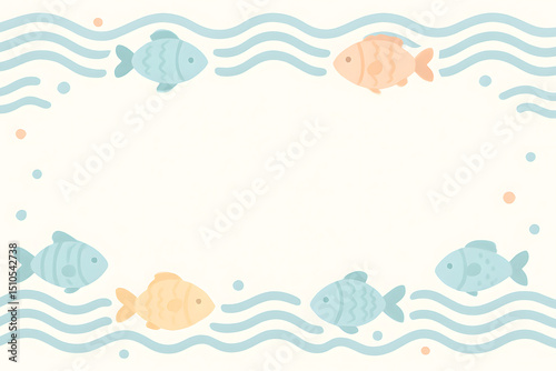 Cute Border of Fish and Waves in Pastel Marine Tones