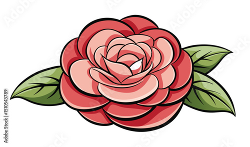 Single red camellia flower with green leaves illustration