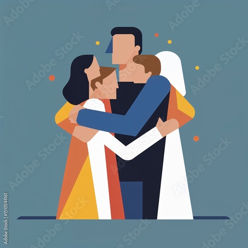 Modern geometric design of a family hug, abstract father figure in simple shapes and flat colors 