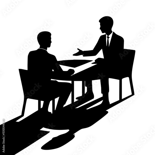 Two businessmen conducting a meeting at a table in silhouette  