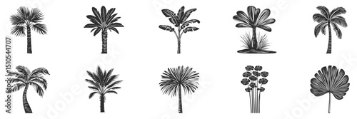 Tropical Palm Tree Silhouettes Set. Exotic Plant Illustrations For Nature And Botanical Design. Isolated Vector Illustration Collection