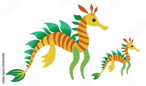 Cartoon leafy seahorses parent and child illustration