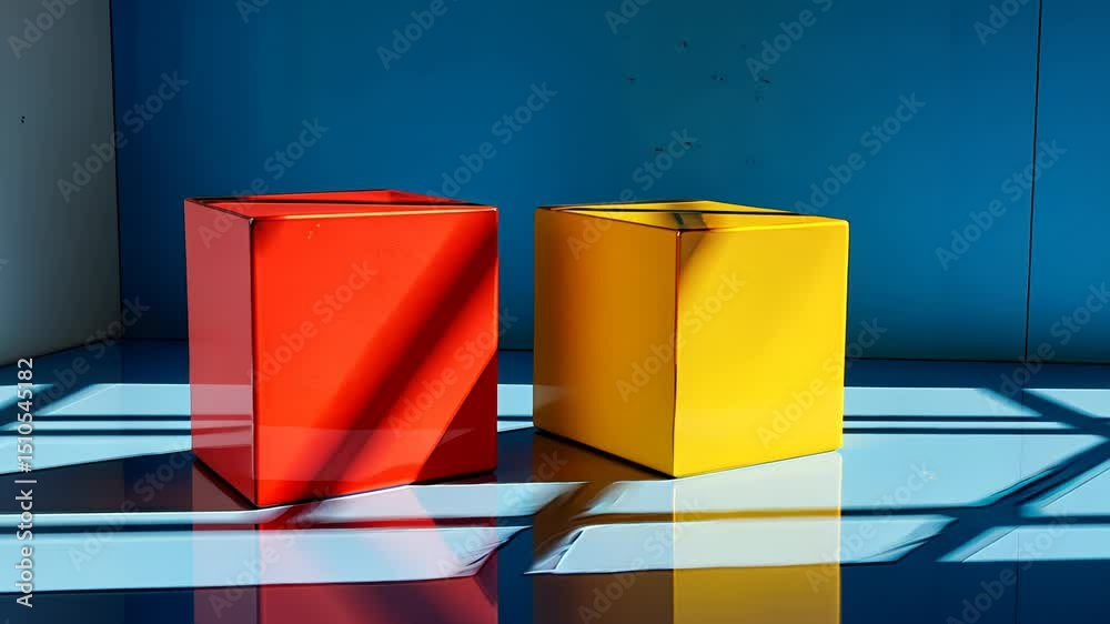 Red and yellow geometric cubes casting shadows on blue background  