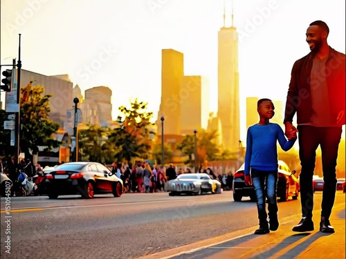 Black Father, son walk hand-in-hand through bustling city, golden hour light illuminating warm atmosphere. Tall buildings, crowd, vehicles in background create lively, energetic urban scene. Sunset