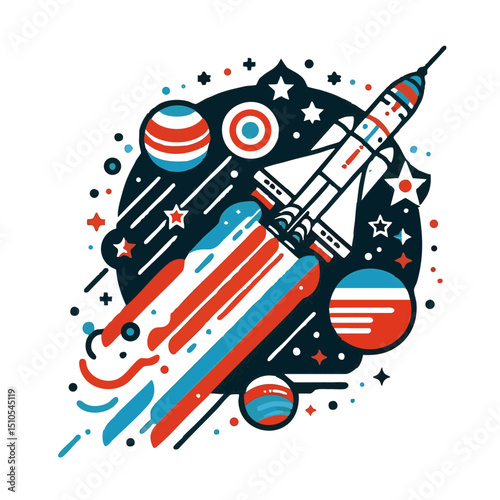 Rocket launching into space among colorful planets and stars  