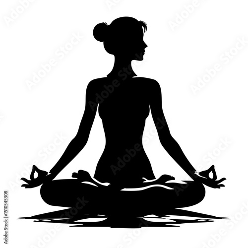Silhouette of woman meditating in yoga pose on calm water surface  