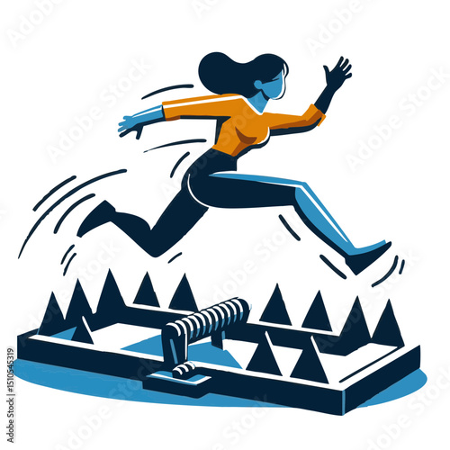 Woman leaping over a dangerous trap in an illustrated scene  