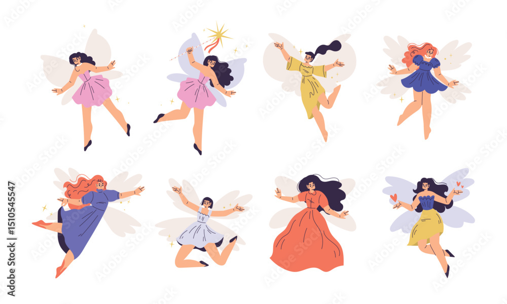 Naklejka premium Colorful Fairies Posing in Playful and Joyful Arrangements and Expressions of Dance Moves