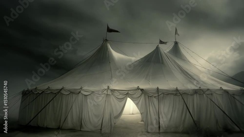 Spooky Circus Tent with Flags under Overcast Sky and Mountain Backdrop, Eerie Fairground Scene