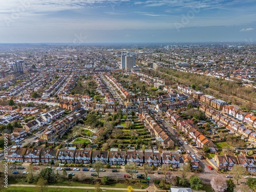 The drone aerial view of New Malden. New Malden is an area in South West London, England. It is located within the Royal Borough of Kingston upon Thames and the London Borough of Merton.