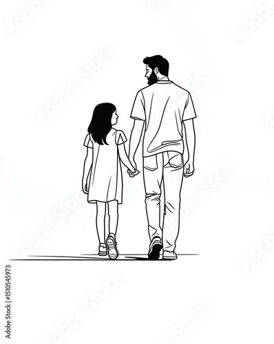 Minimalist line-art of a father and daughter walking hand-in-hand, black lines on white background, soft shadows 
