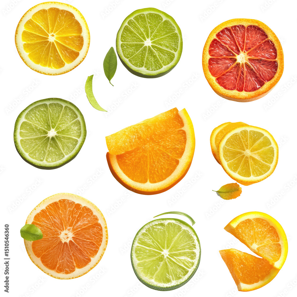 Obraz premium Citrus fruit slices in vibrant array isolated on transparent background