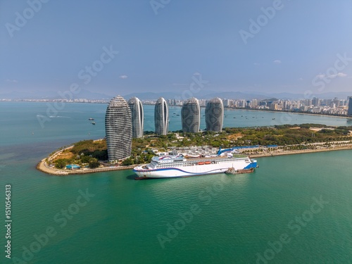 Photography Sanya Phoenix Island, an Artificial Archipelago with Modern Architecture and Cruise Home Port, a Landmark Building for Sanya City, Hainan Province, China