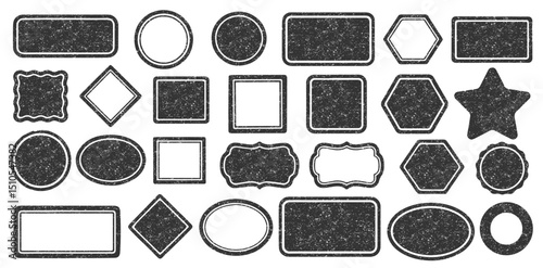 Stamps frames vector icon shape set. Stamp grunge ink rubber labels sign collection. Isolated on white background. Black round and square stamp border pack.
