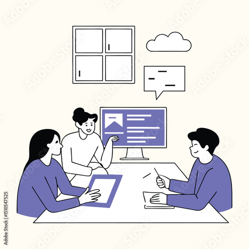 digital marketing illustration concept Business people working together at a desk with a computer and a laptop