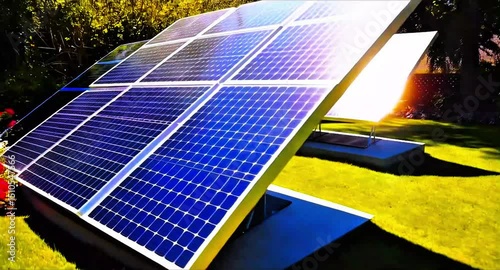 Solar panels in backyard garden. Solar panel set up in green field in home. Home solar panel power plant. House electricity power supply with solar power panel plant in clear sunny day.