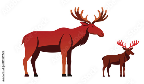 Red moose and deer illustration set wildlife animals